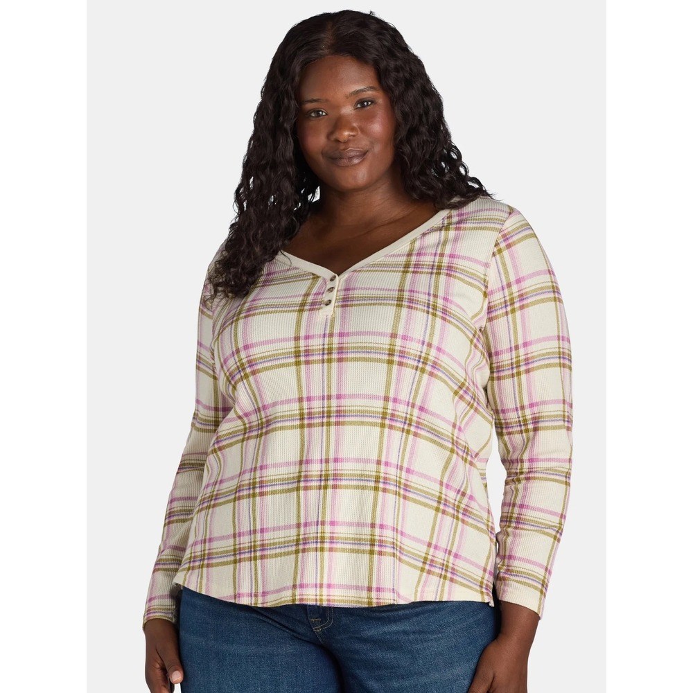 Terra & Sky Plaid Waffle Knit Henley Top Sz 1X Stretch Comfy Cabin Gorpcore Fall